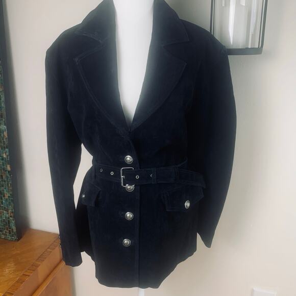 Vintage Jacquelyn Ferrar Size XL Black Suede Leather Belted Jacket Button Front - Picture 3 of 14